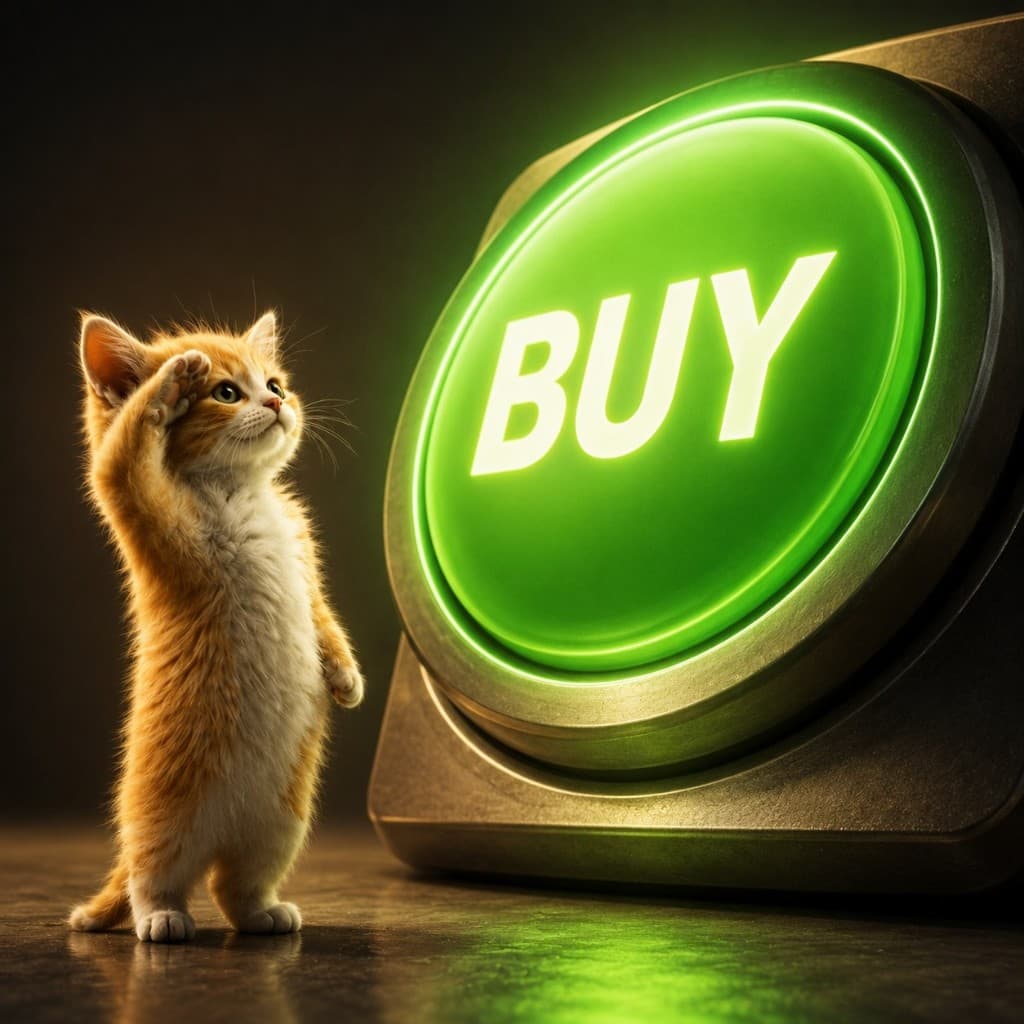 Salute Cat beside a glowing BUY button