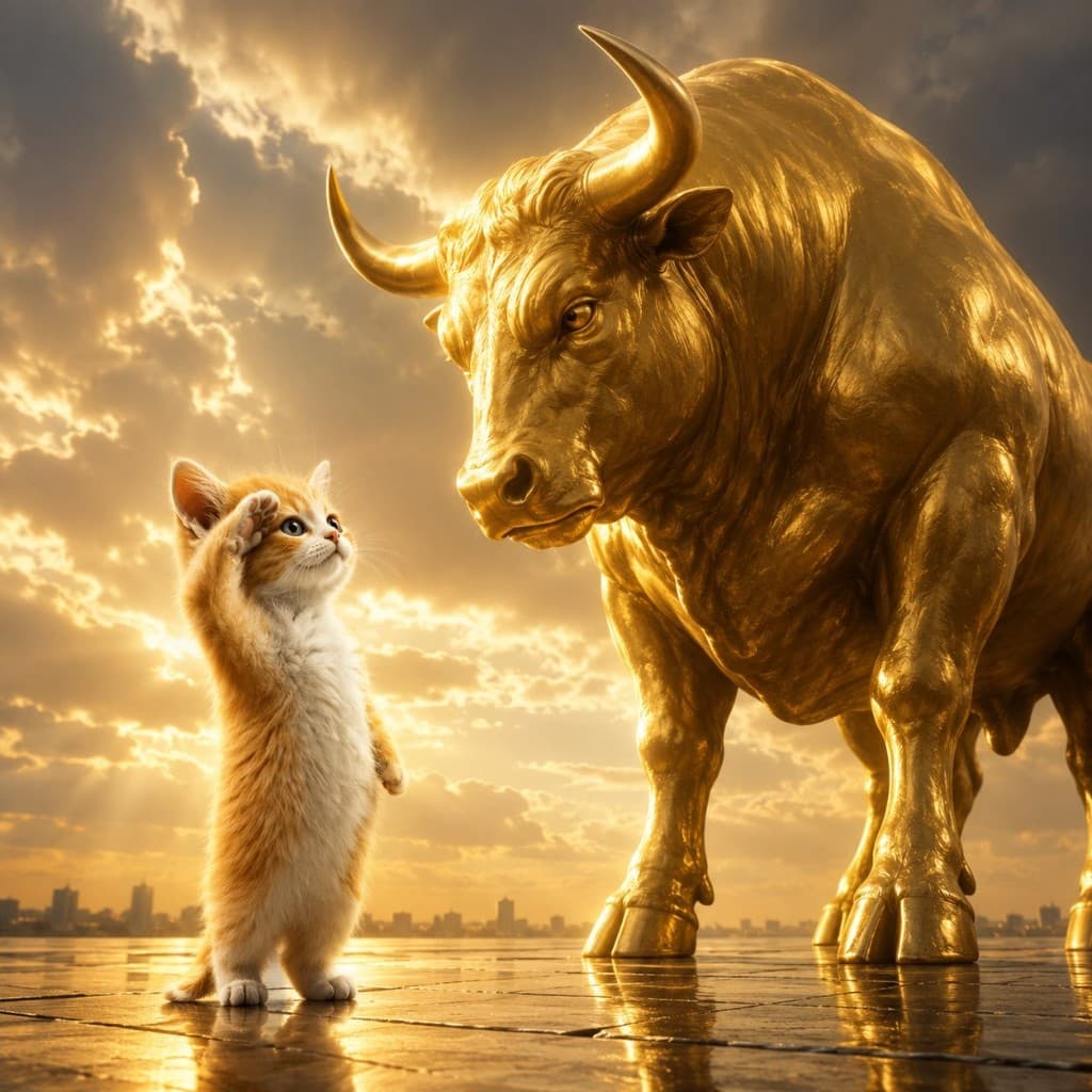 Salute Cat saluting a golden bull statue