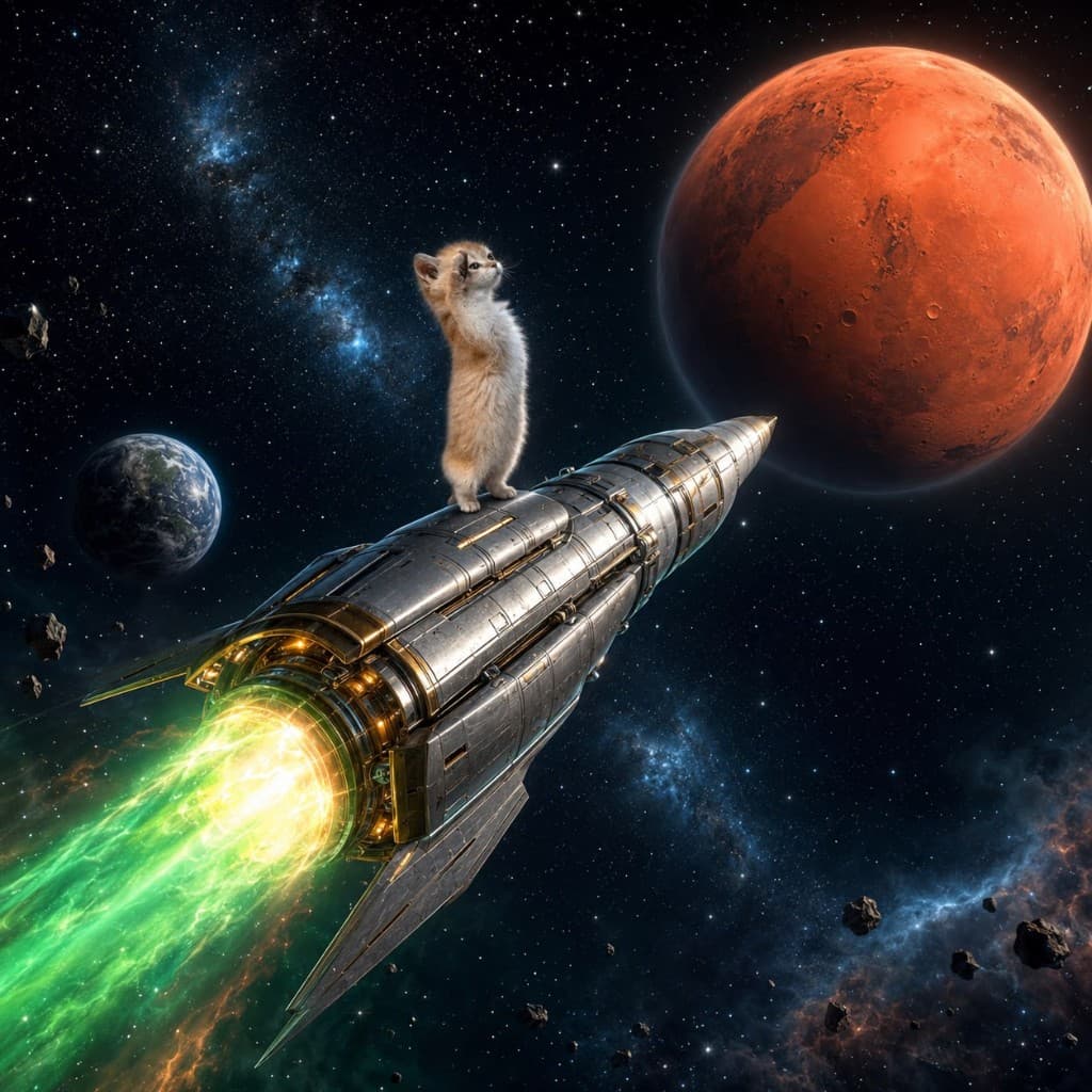 Salute Cat riding a rocket through space